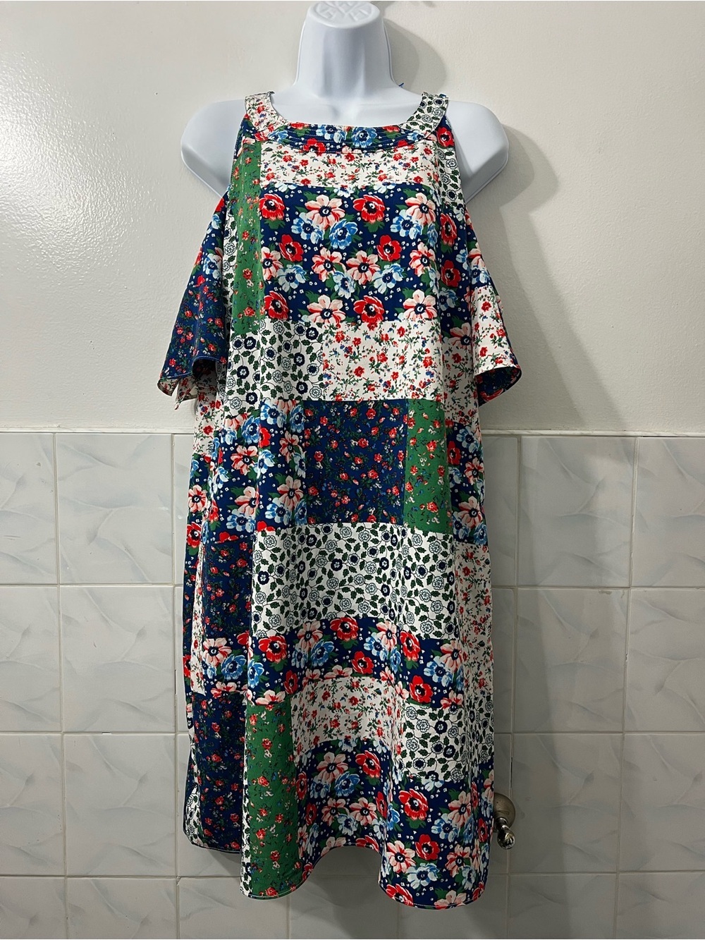 Women’s Cold Shoulder Floral Patchwork Shift Dress L Boho Retro Hippie Travel